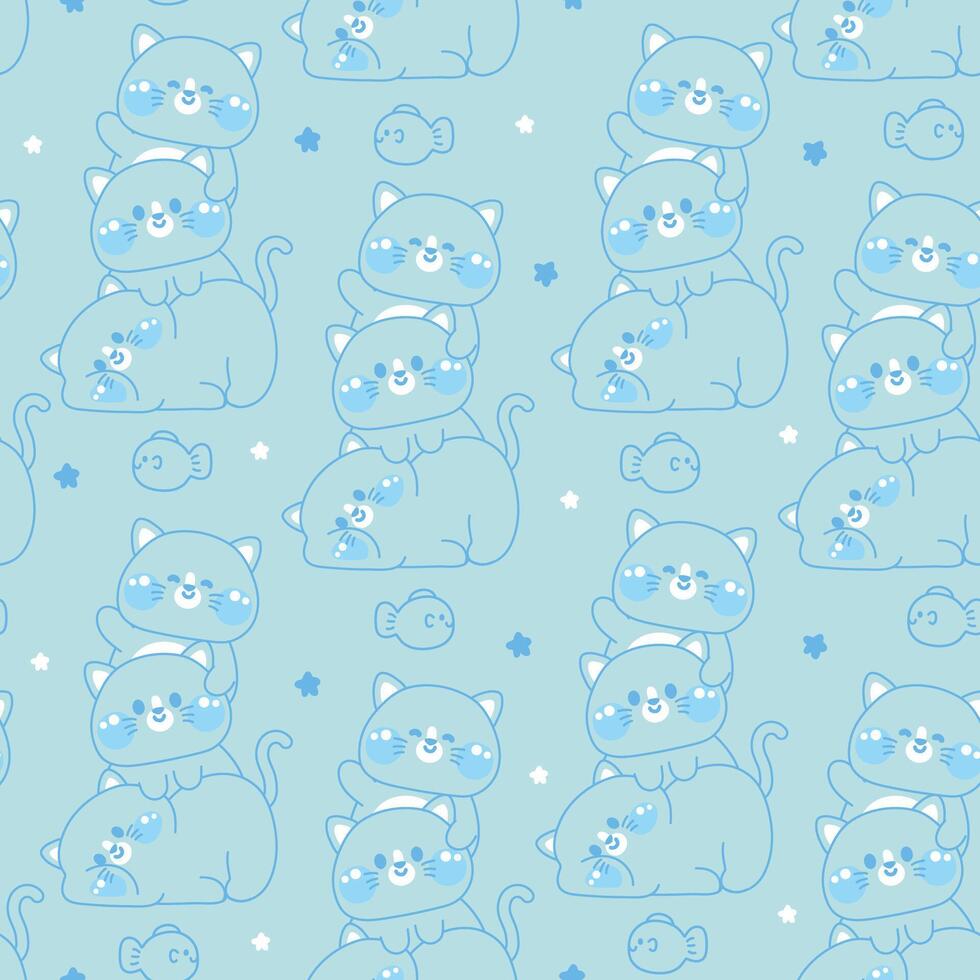 Seamless pattern of cute cat stay on top each other greeting line hand drawn with fish background.Meow.Pet animal character cartoon design.Relax.Lay.Kawaii.Meow.Kitten. vector