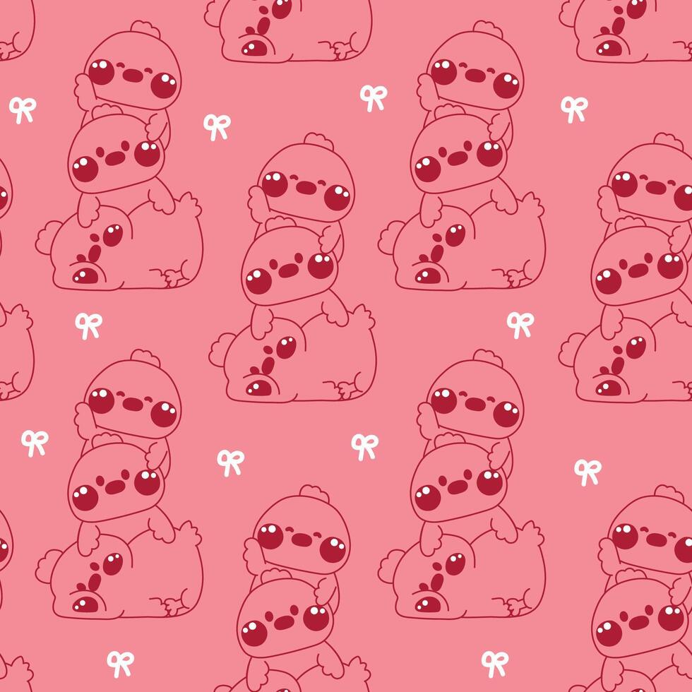 Seamless pattern of cute hen stay on top each other greeting with tiny bow line hand drawn background.Farm animal character cartoon design.Relax.Lay.Kawaii.Illustration vector