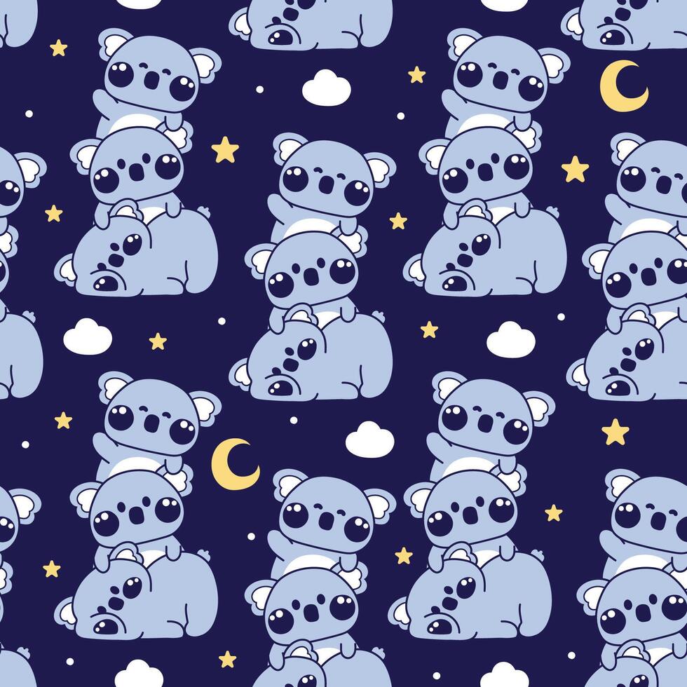 Seamless pattern of cute koala teddy bear stay on top each other greeting with moon and star line hand drawn on sky background.Mammal wild animal character cartoon design.Relax.Lay.Kawaii. vector