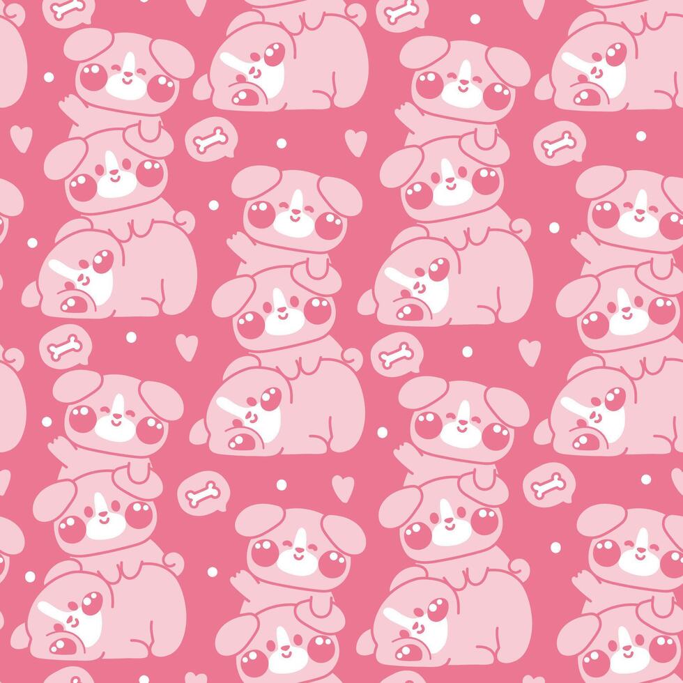 Seamless pattern of cute dog puppy stay on top each other line hand drawn with bone and heart background.Pet animal character cartoon design.Relax.Lay.Kawaii.Illustration. vector