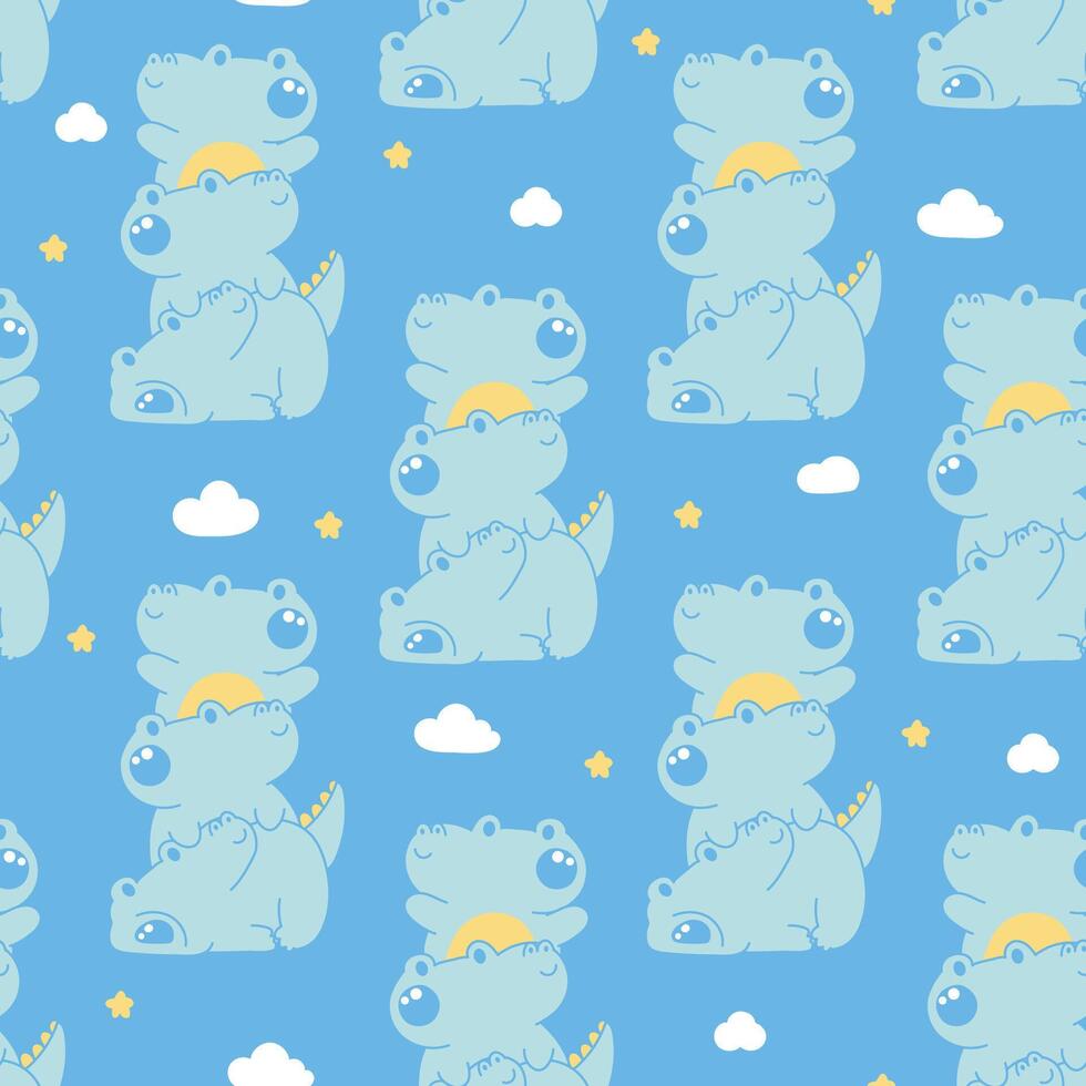Seamless pattern of cute crocodile stay on top each other greeting with cloud and star sky background.Reptile animal character cartoon design.Relax.Lay.Kawaii.Illustration. vector