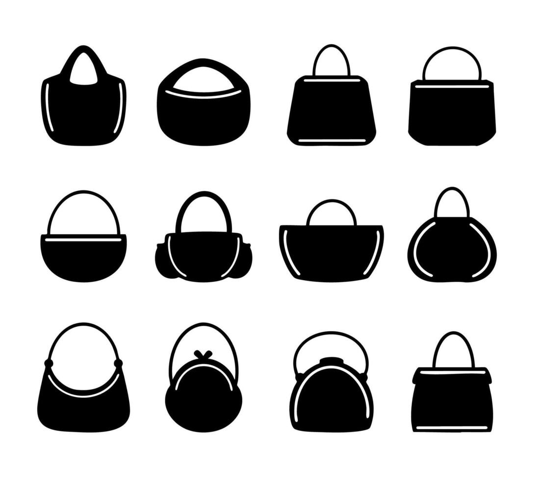 Set of handbag icon silhouette. Black and white clip art illustration vector