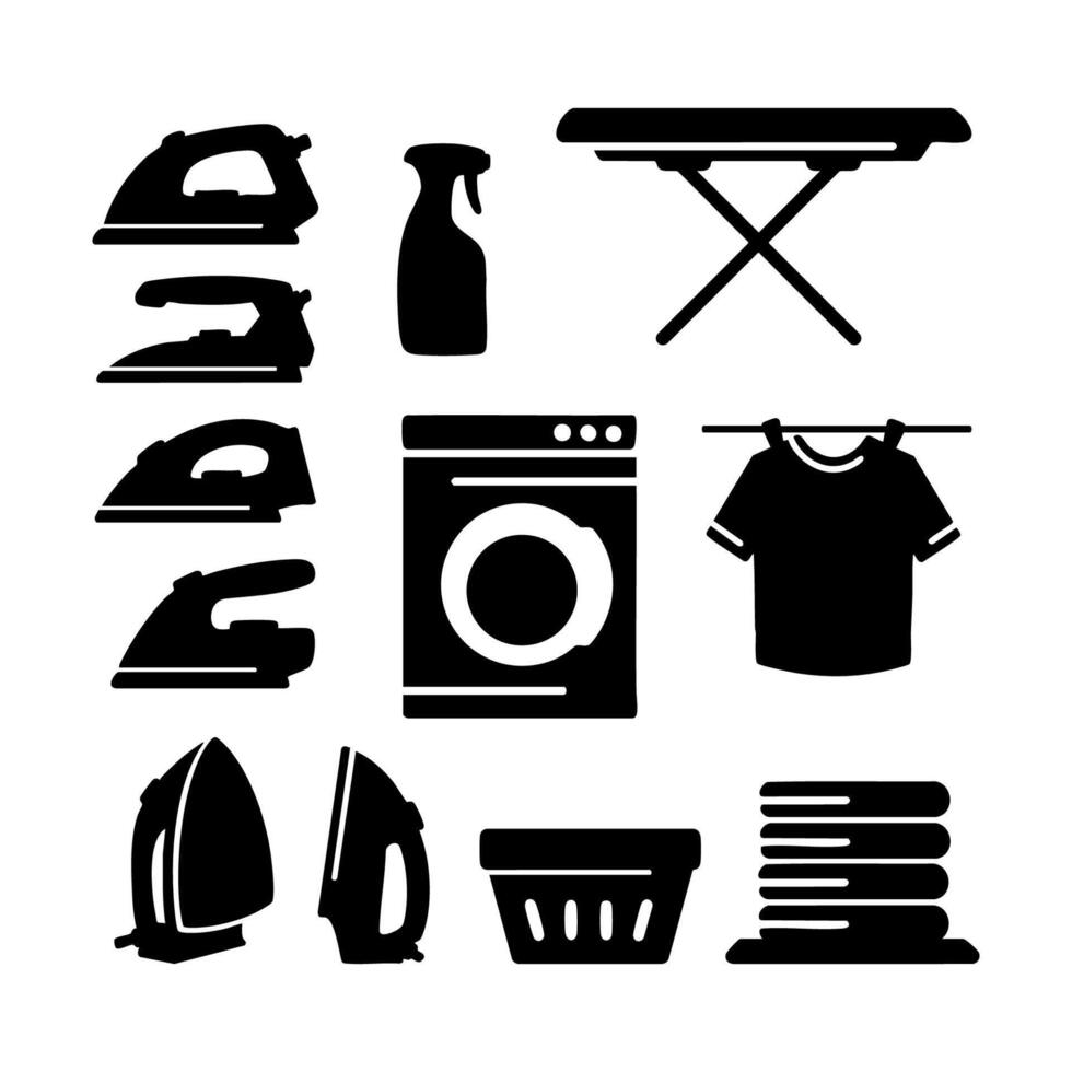 Set of laundry icon silhouette. Black and white clip art illustration vector