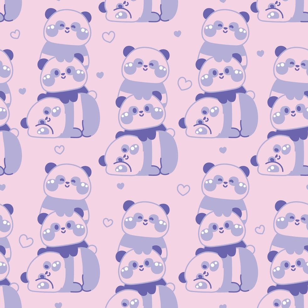 Seamless pattern of cute panda teddy bear stay on top each other greeting with heart line hand drawn background.Chinese wild animal character cartoon design.Relax.Lay.Kawaii.Illustration. vector