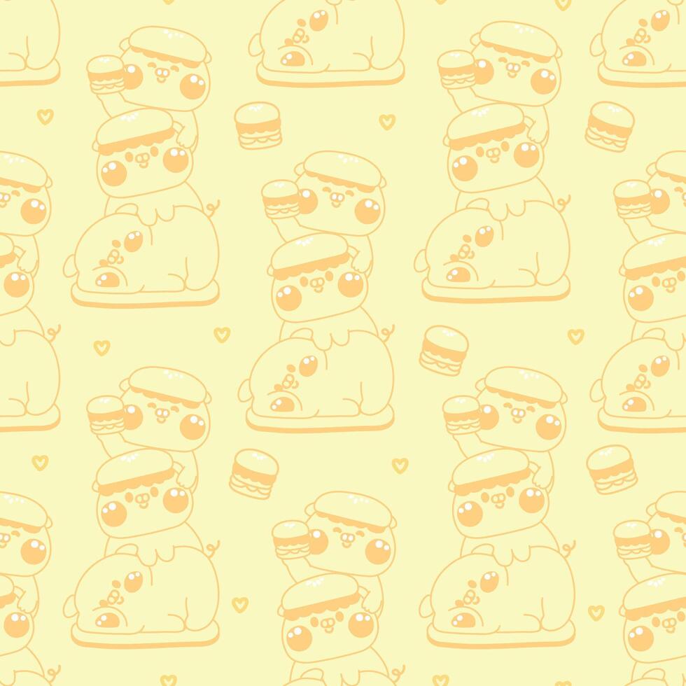 Seamless pattern of cute pig stay on top each other greeting with hamburger line hand drawn background.Farm animal character cartoon design.Relax.Lay.Kawaii.Illustration. vector