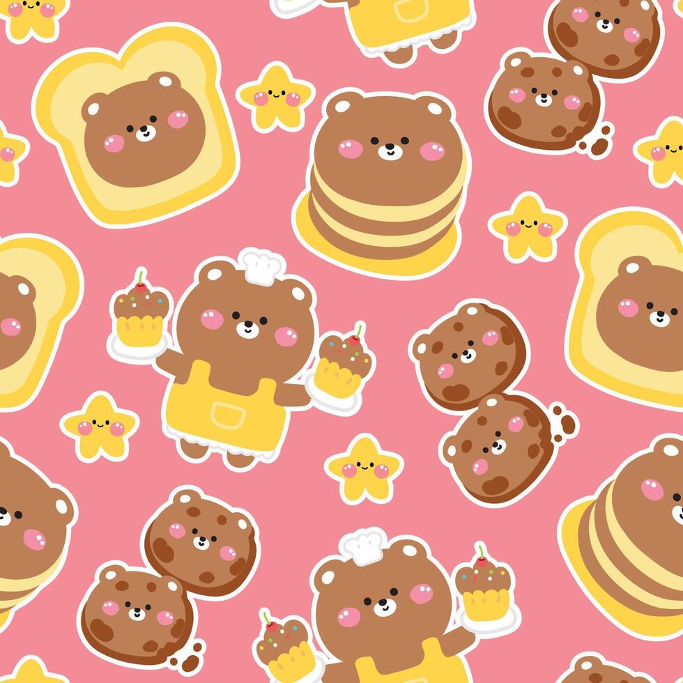 Seamless pattern of cute bear in various menu bakery background.Pastel.Face teddy.Bread,pancake,cookies.Wild animal character cartoon design.Kawaii.Illustration vector