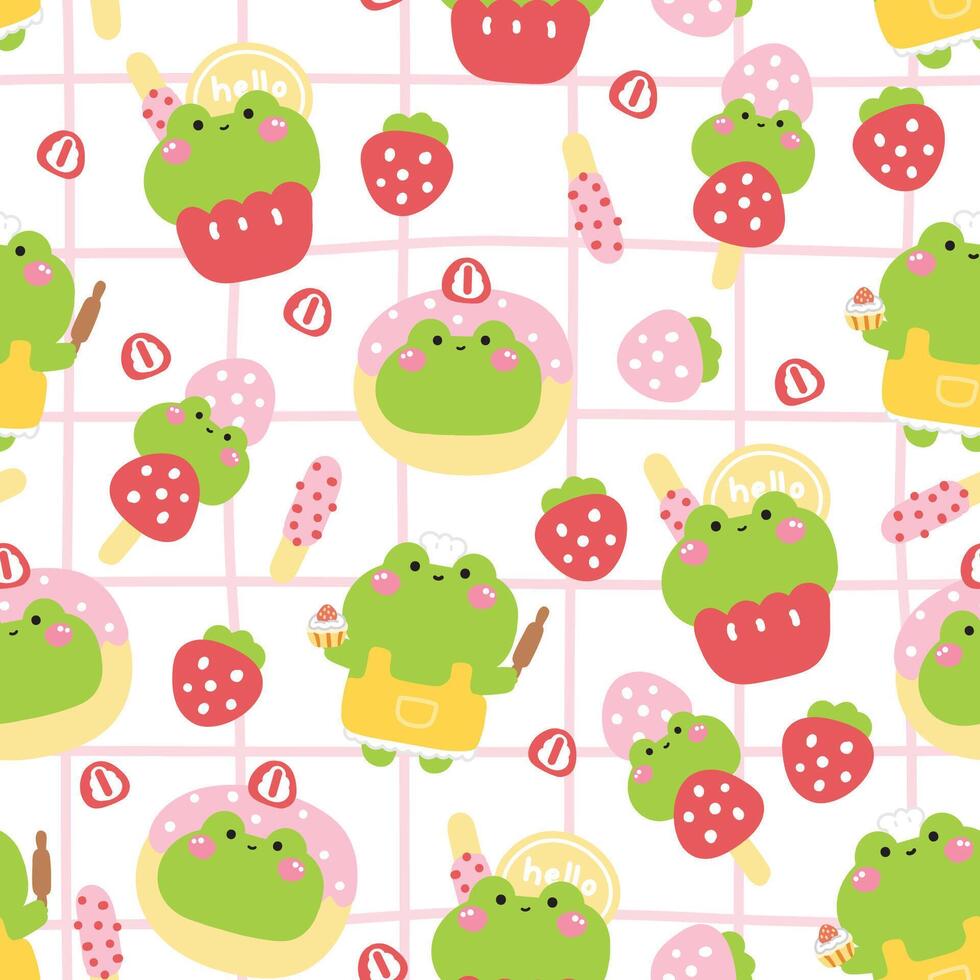 Seamless pattern of cute frog in various menu strawberry bakery background.Pastel.Tanghulu is chinese candied fruit,cupcake,donut.Reptile animal character cartoon design.Kawaii.Illustration vector