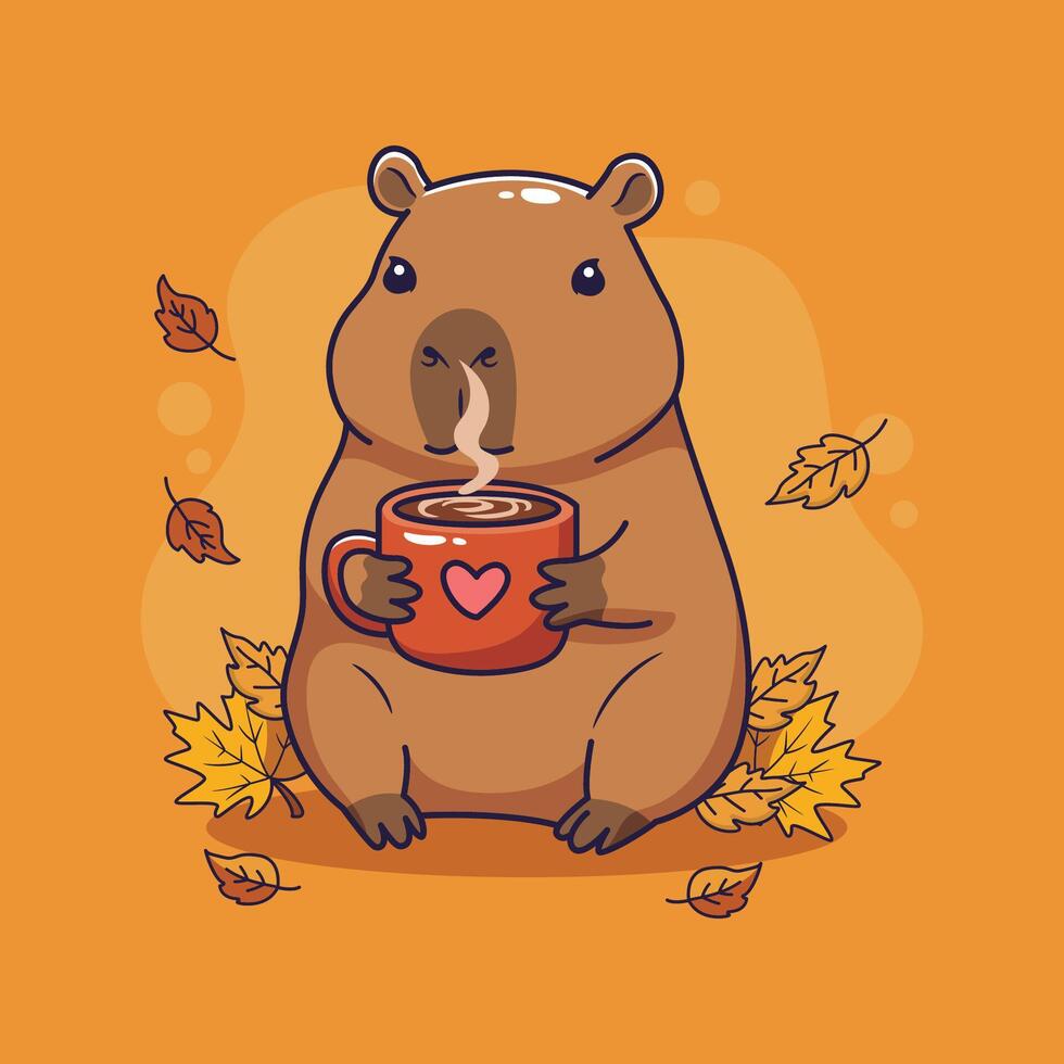 Cute cartoon capybara with a cup of coffee. illustration. vector