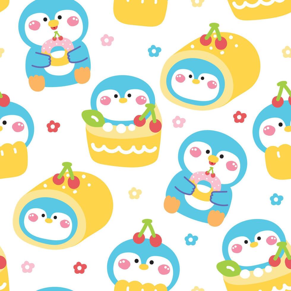 Seamless pattern of cute penguin in various cherry menu bakery with flower background.Pastel.Cake cherry,cupcake,roll cake.Polar bird animal character cartoon design.Kawaii.Illustration vector