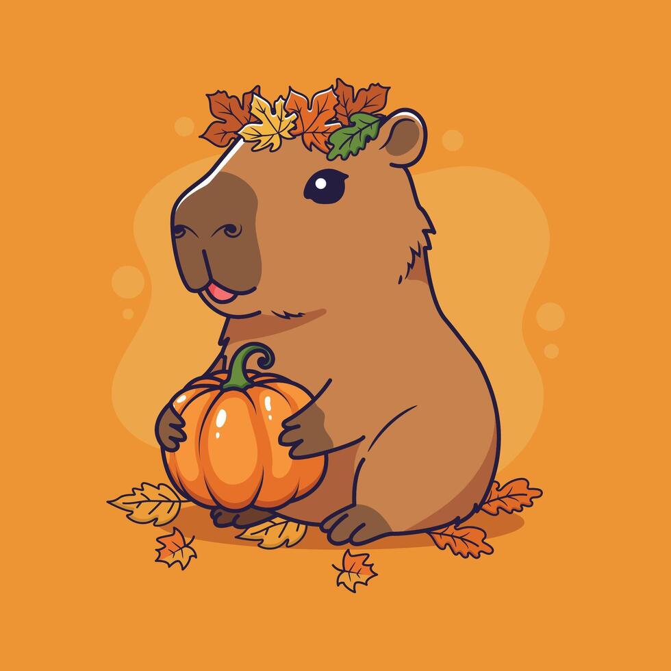 Cute capybara with pumpkin and autumn leaves. illustration. vector