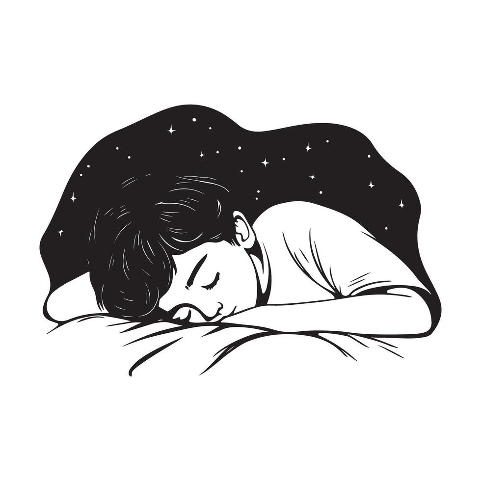 a Boy Sleeping Peacefully in Bed with Pillow on White Background vector