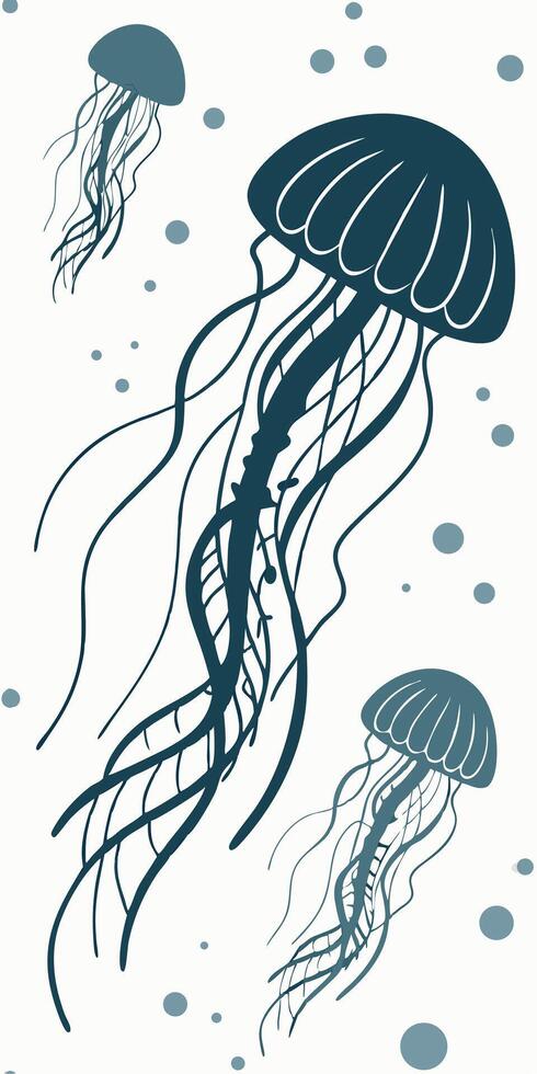 Two jellyfish with long tentacles and some bubbles on a white background, art, minimalist vector