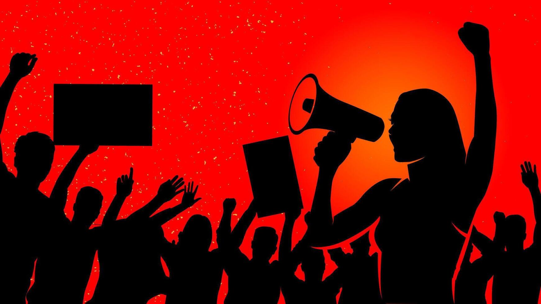 Silhouette of women protester standing leading a speech during a demonstration in the middle of a crowd of people illustration background vector