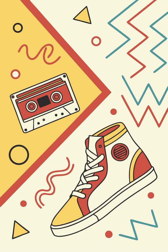 Retro vector-style background in 80s Memphis design, bold yellow, red, and cyan, abstract squiggles and fun shapes, flat pattern, playful symmetry vector