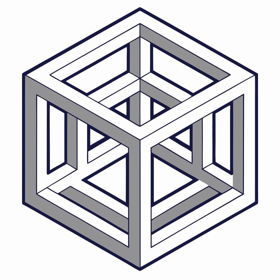 Impossible cube, isometric projection, white lines with gray shadows, optical illusion, geometric shape, white background, minimalist design, ab vector