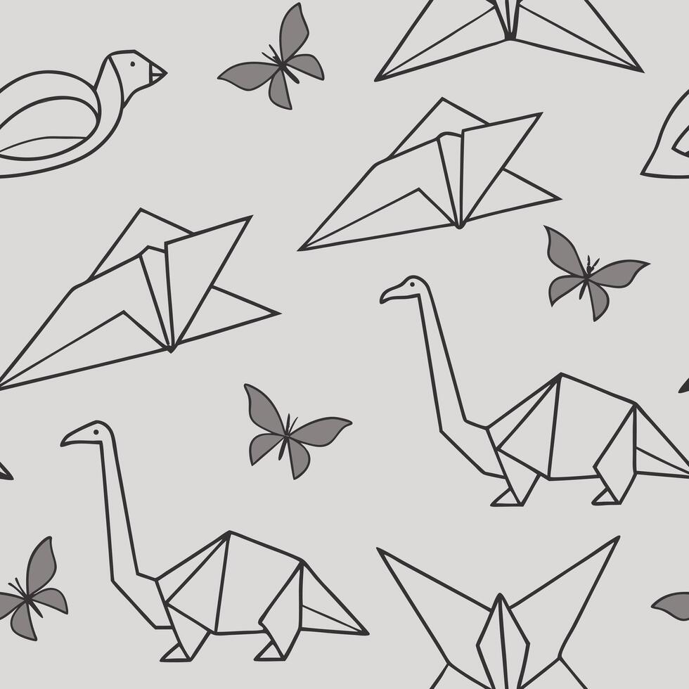 Origami animals seamless pattern, soft gray background with folded line icons vector