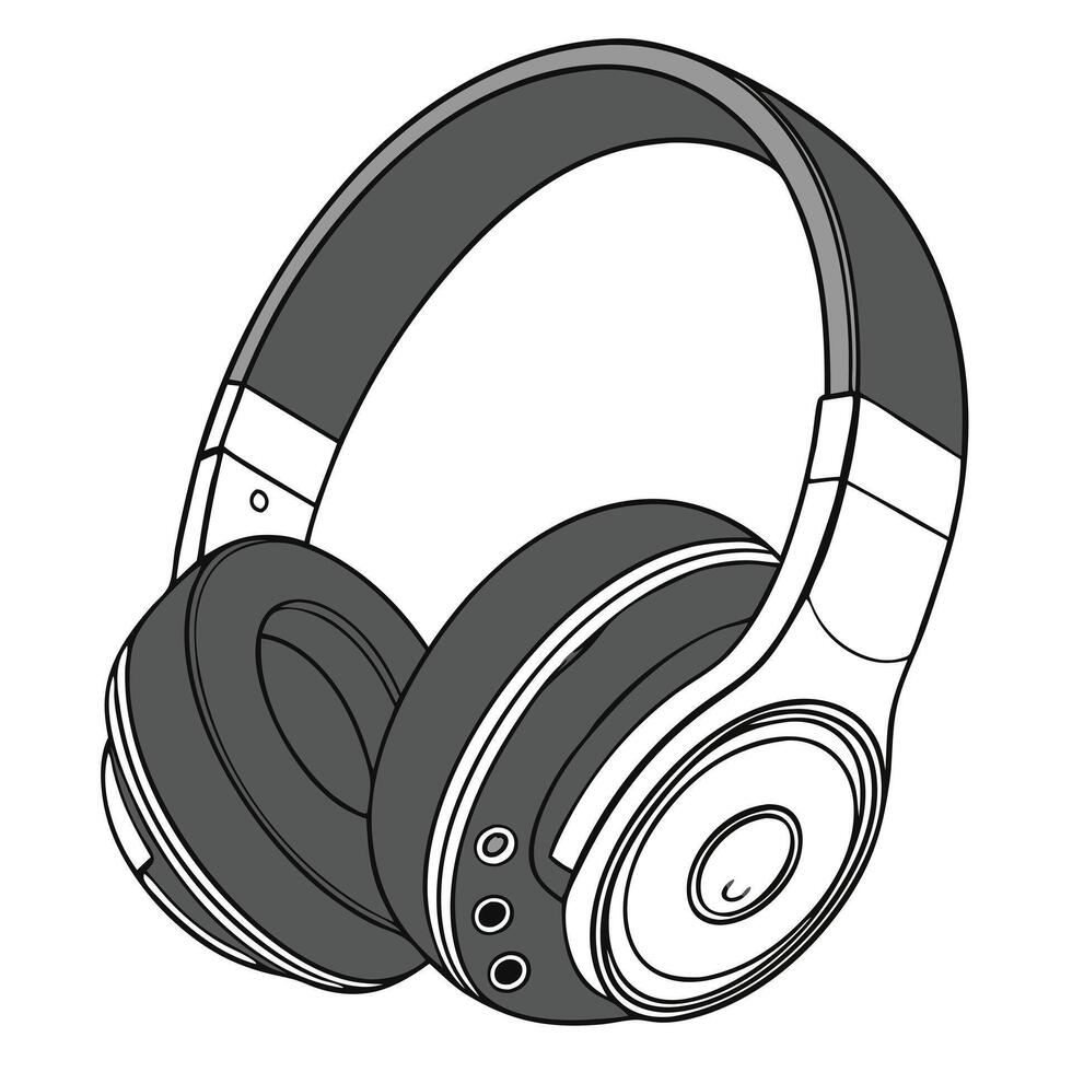 Gray and white wireless headphones with round earcups and a padded headband, floating in a white background vector