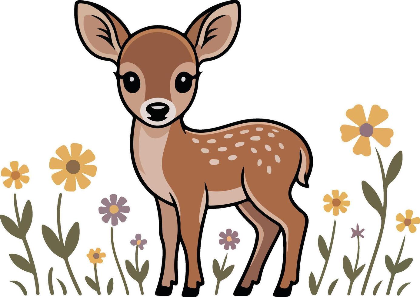 A cartoon deer standing in a field of flowers vector