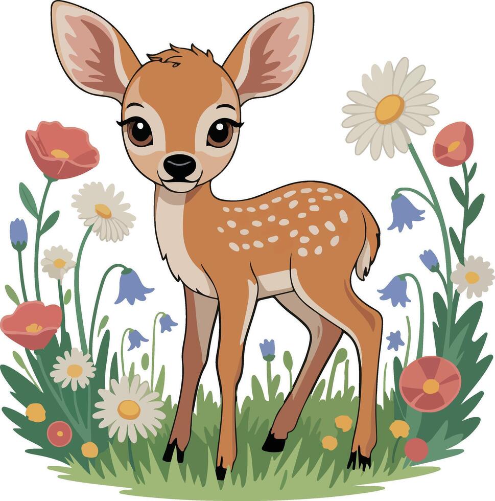 A cute deer in the meadow with flowers and daisies vector