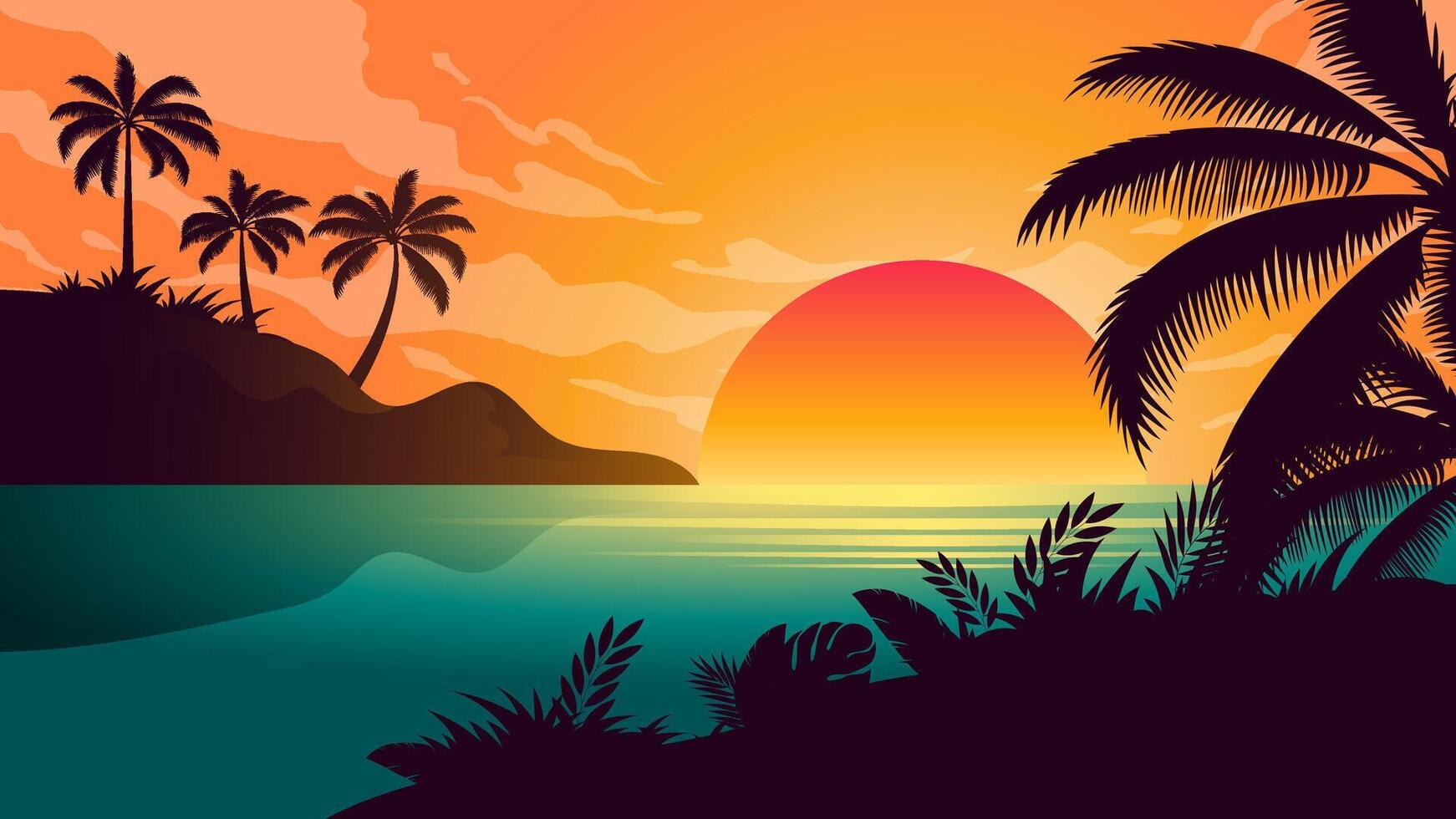 Sunset on beach background, summer banner with beautiful tropical summer evening at lagoon landscape vector