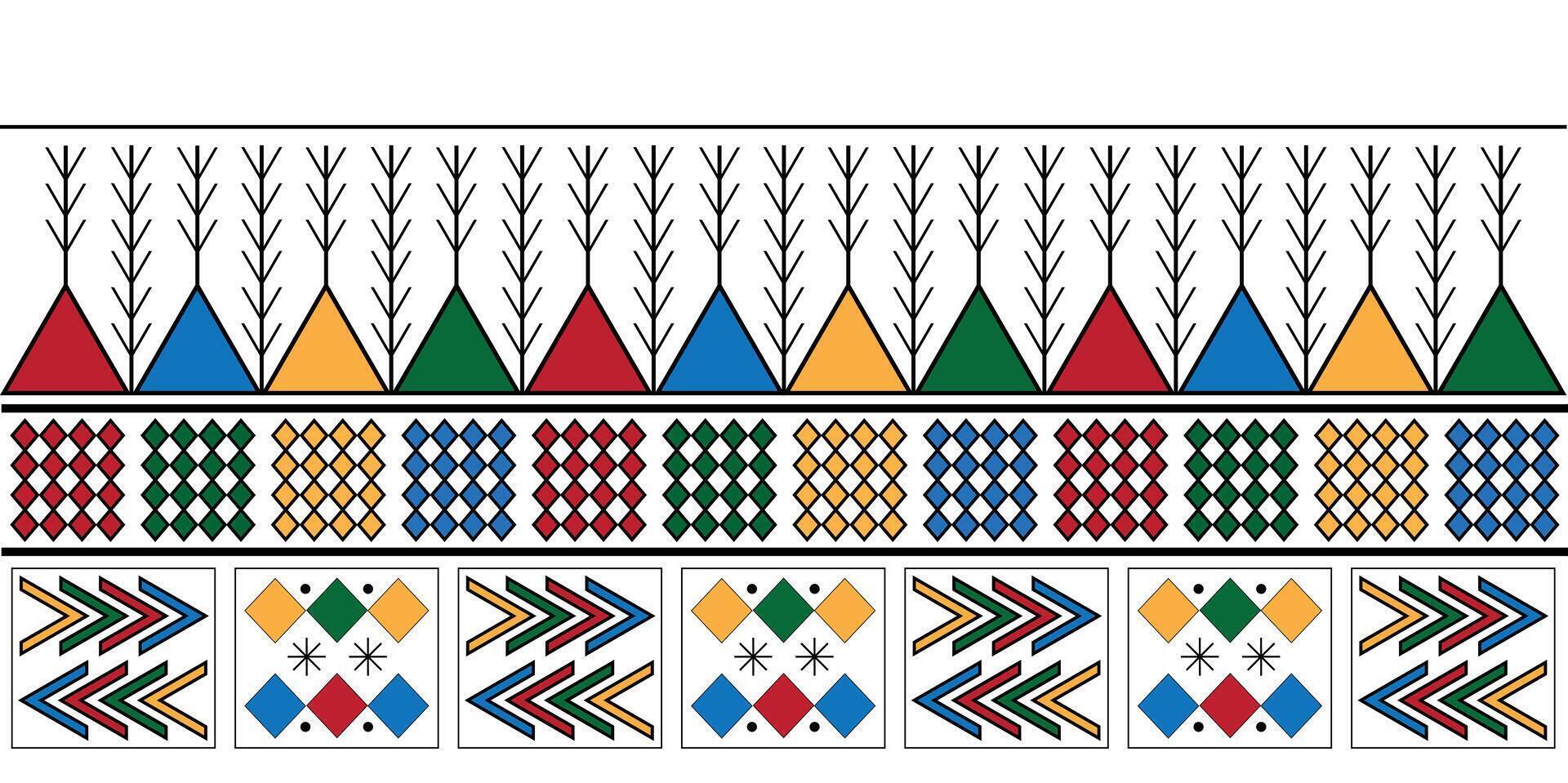 Arabian Asiri pattern border with vibrant geometric motifs and folk symbols for ethnic textile and fabric design vector
