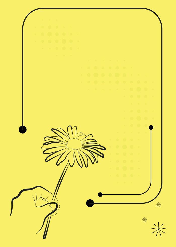 Minimalist Floral Frame Invitation or Greeting Card Template with Hand Holding Flower on Yellow Background vector