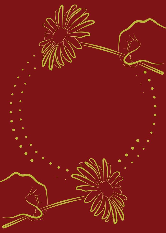 Elegant Floral Frame Greeting or Invitation Card Template with Hands Holding Flowers on Red Background vector