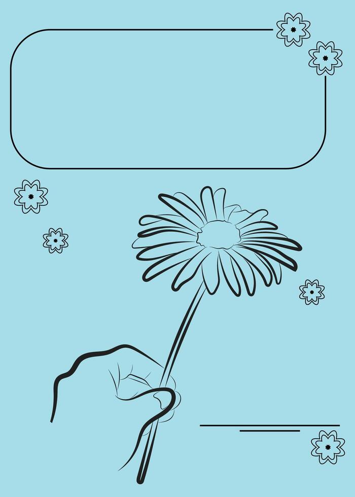 Hand Holding Flower Greeting Card Template on Light Blue Background with Decorative Floral Frame vector