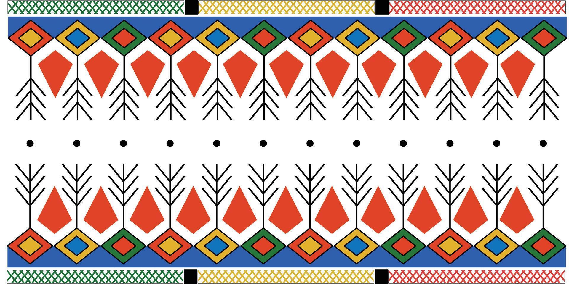Colorful Asiri tribal border with red diamond shapes and tree branch motifs for Arabian ethnic textile design vector
