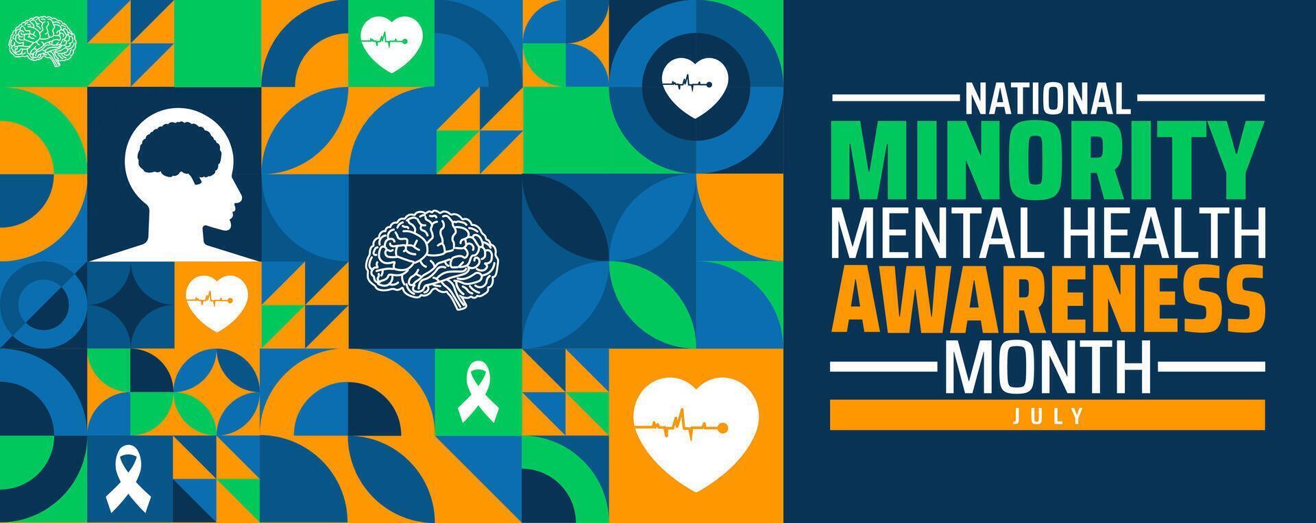 National Minority Mental Health Awareness Month Geometric shape pattern background banner or poster design template. observed every year in july. Holiday concept. Use to any Template, card, poster. vector