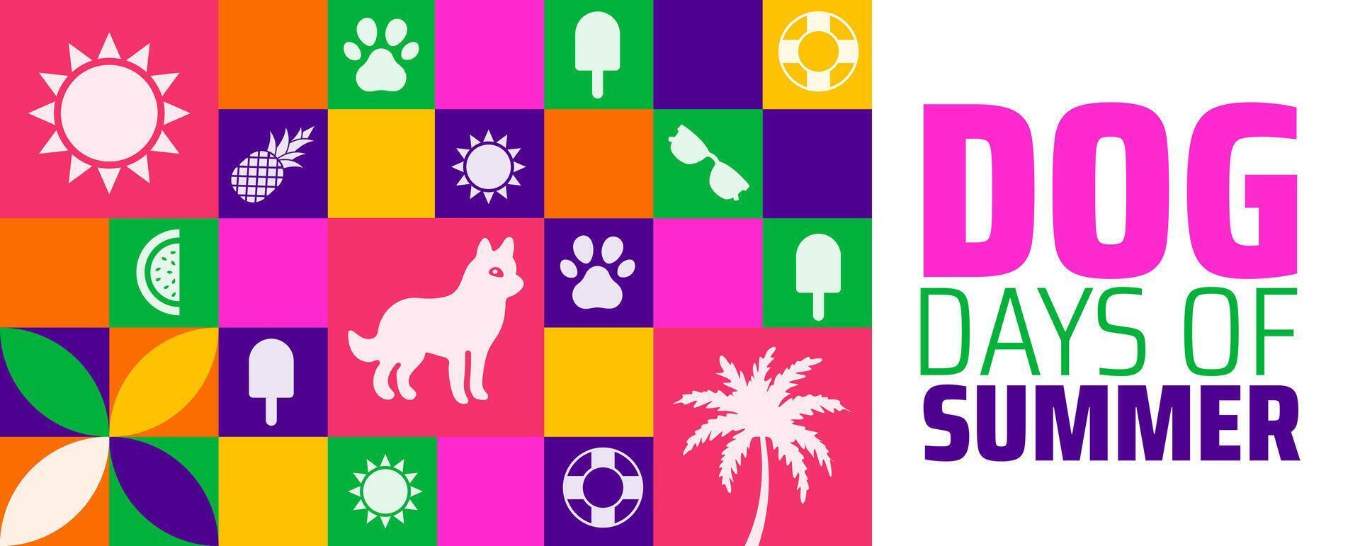 Dog Days of Summer Geometric shape pattern Colorful Background with Dog, Paw Prints, Palm Tree, and Summer Icons for Warm Weather Fun. vector