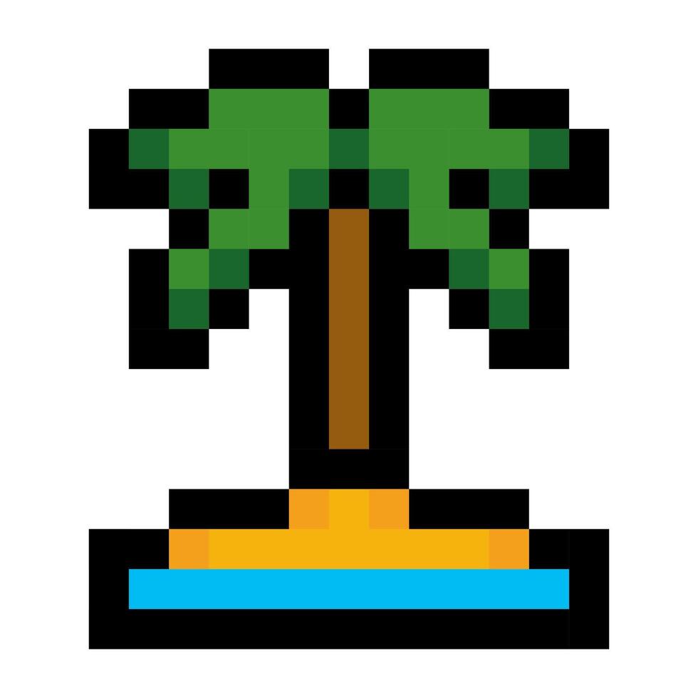 Palm tree on a small yellow island surrounded by bright blue water in pixel art style vector