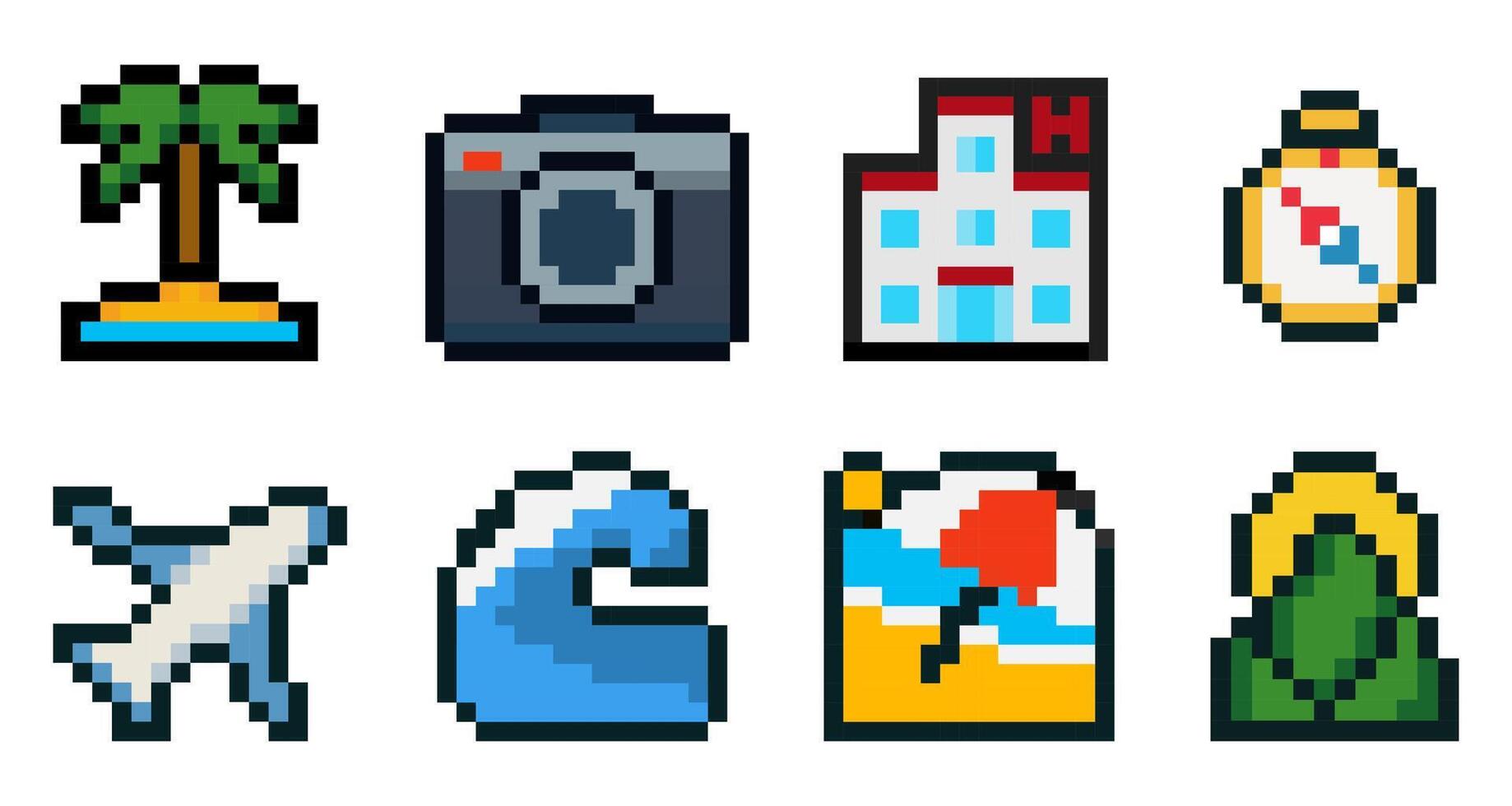 Set of 8 colorful pixel art travel icons vector