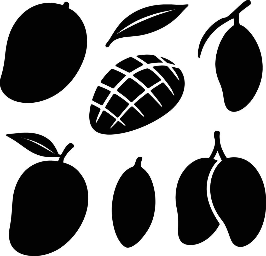 Solid black silhouette set on white background featuring mango icons vector