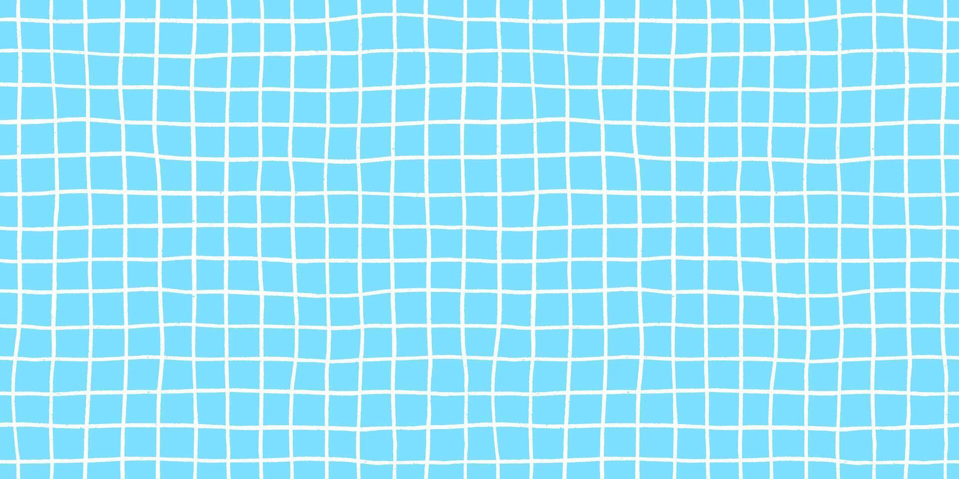 Check seamless pattern grid hand-drawn lines creating a playful background with blue square and wavy doodle textured stripes, perfect for cute designs and modern decor in crayon illustration. vector