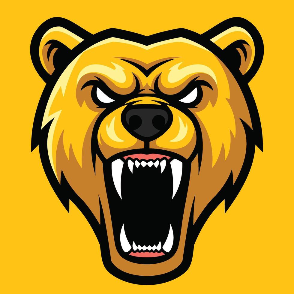 Cartoon-style bear head with a fierce expression, featuring bared sharp teeth and black outline. vector