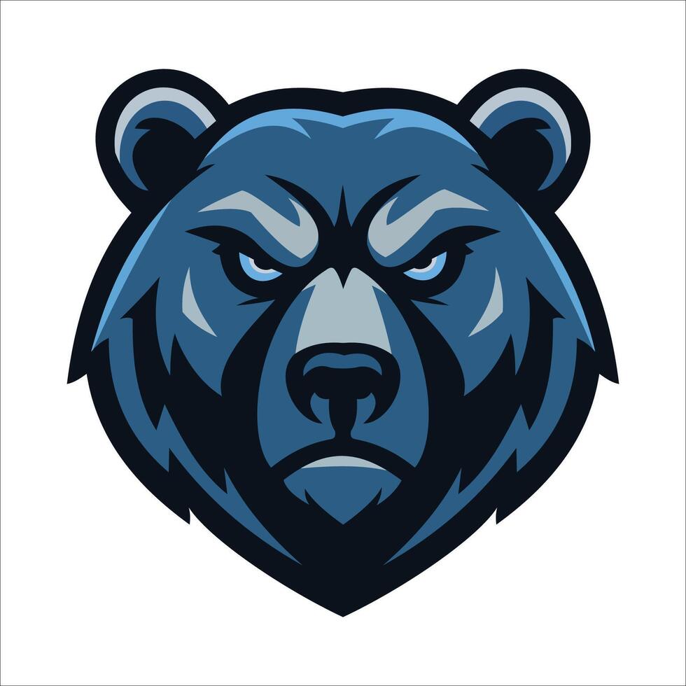 Stylized illustration of a bear's head, utilizing shades of blue for a striking effect. The bear has a stern expression, with angular features highlighting its eyes, nose, and mouth. vector