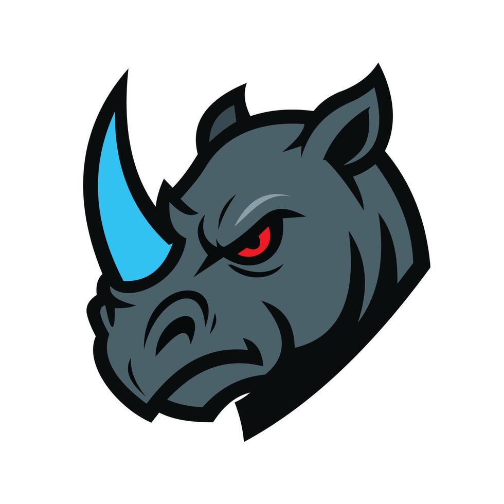 Rhinoceros head with a prominent blue horn and vivid red eyes, conveying an intense expression. vector