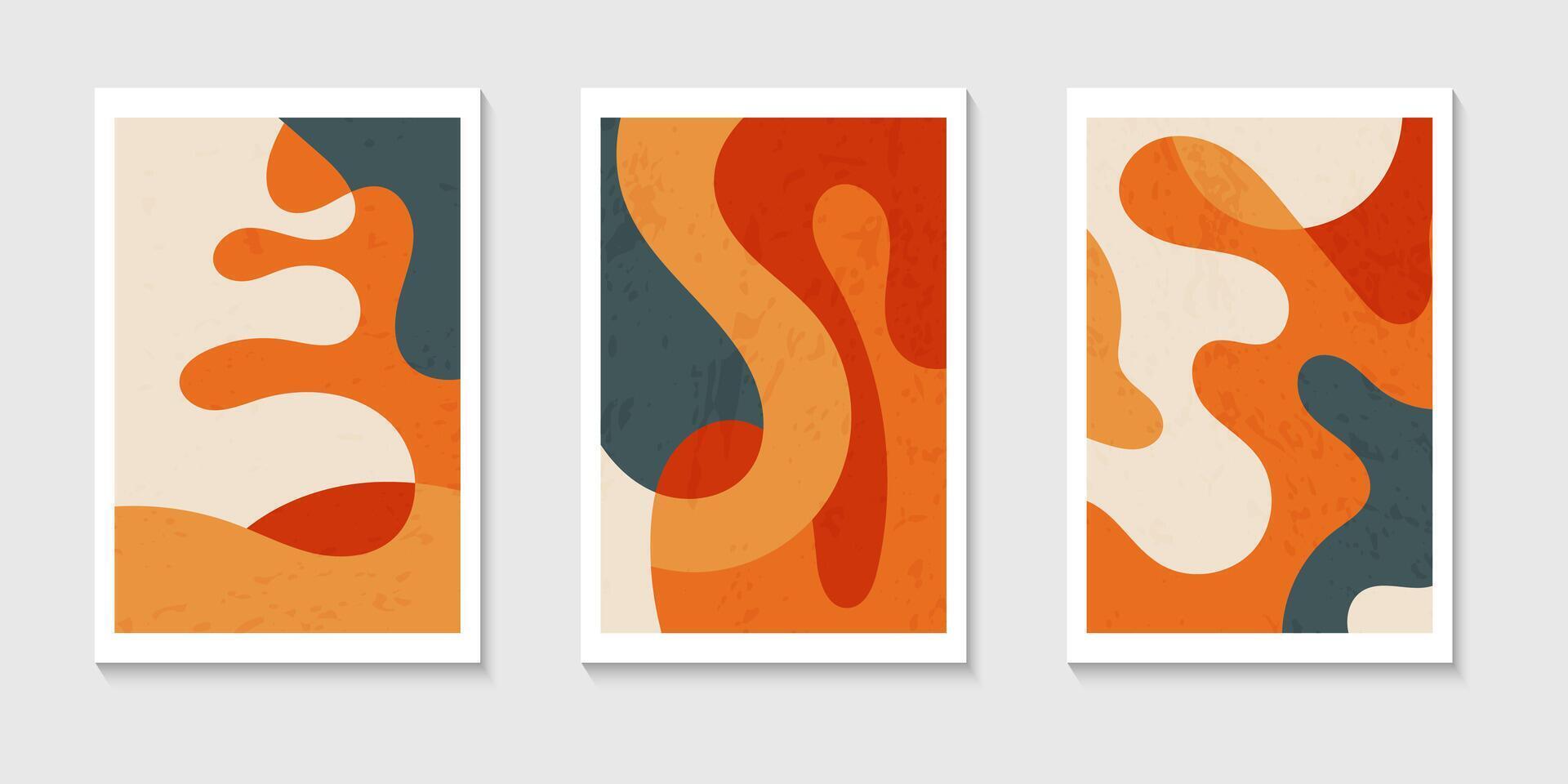 Set of abstract contemporary mid century posters with Abstract shapes. Design for wallpaper, background, wall decor, cover, print, card. Modern boho landscape minimalist vector