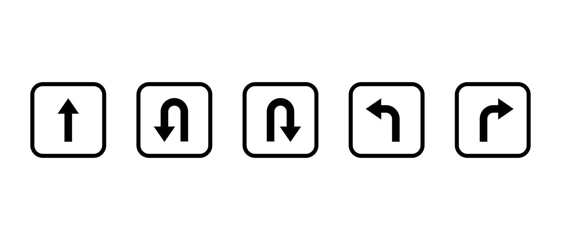 Go straight, this way, one way only, U turn, left and right arrow direction icon on square line vector