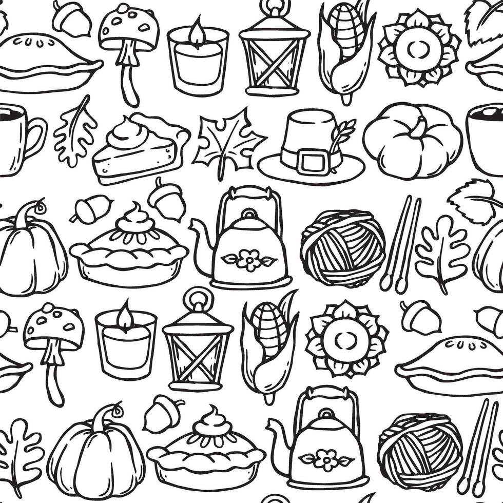 seamless pattern, coloring book of cozy autumn, thanksgiving day. doodle print vector