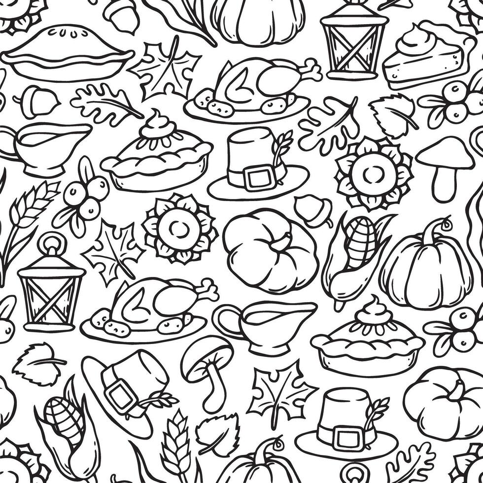 seamless pattern, coloring page of cozy autumn, thanksgiving day. doodle print vector