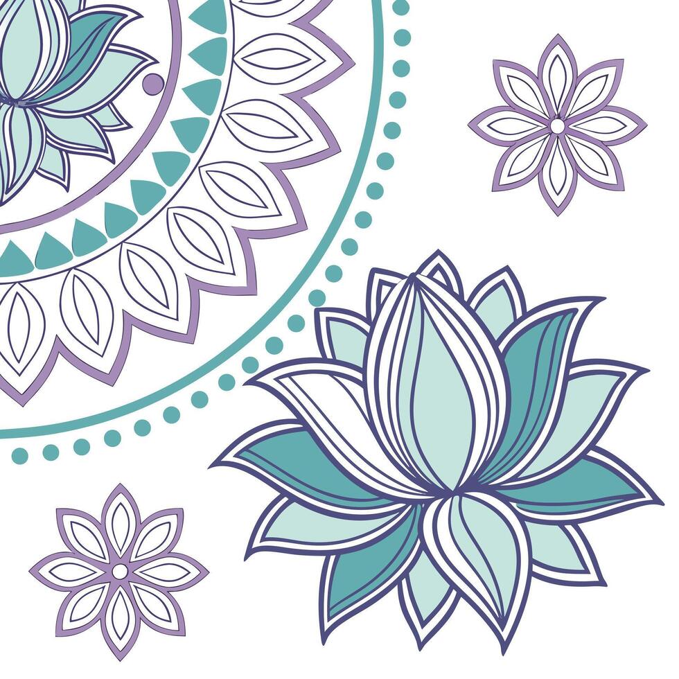Lotus flower and mandala with teal and purple colors on a white background, floral pattern, symmetrical design, decorative elements, nature-inspired, elegant, and visually appealing vector