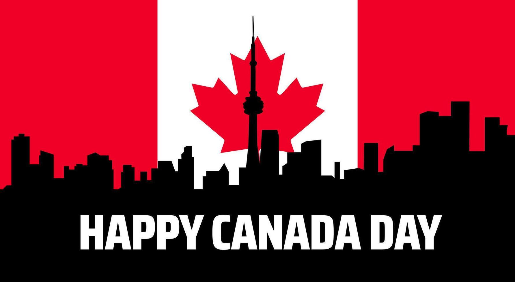 Happy Canada Day background or banner design with Flag Skyline Iconic Red and White Maple Leaf with Toronto Cityscape Silhouette for National Holiday Celebrations. vector