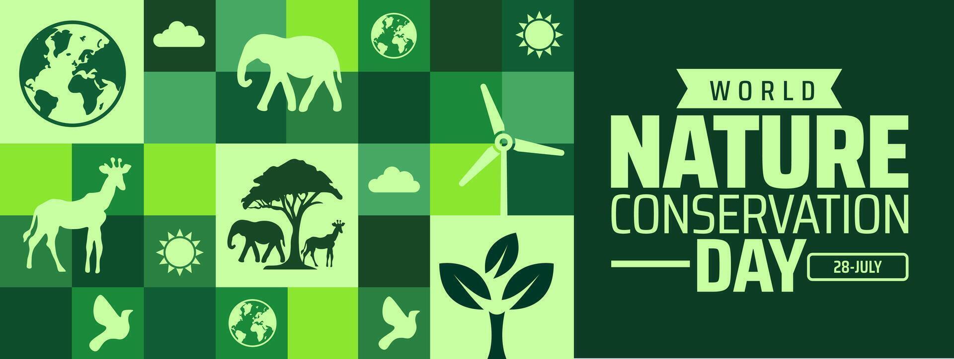 World Nature Conservation Day background or banner design with Green Geometric Mosaic with Earth, Trees, Animals, and Wind Turbine for Environmental vector