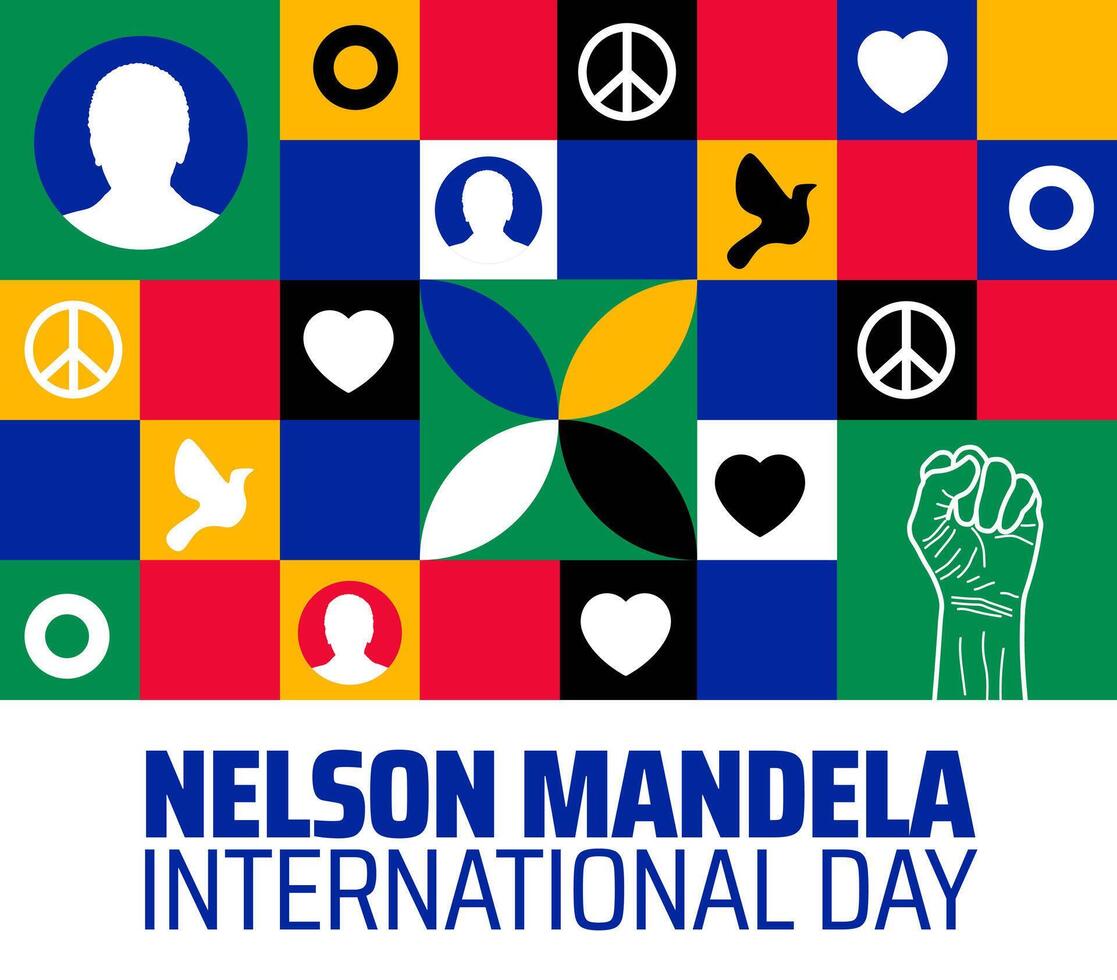 Nelson Mandela International Day Banner or background with Colorful Mosaic with Peace, Heart, and Fist Symbols for Global Justice and Equality. vector