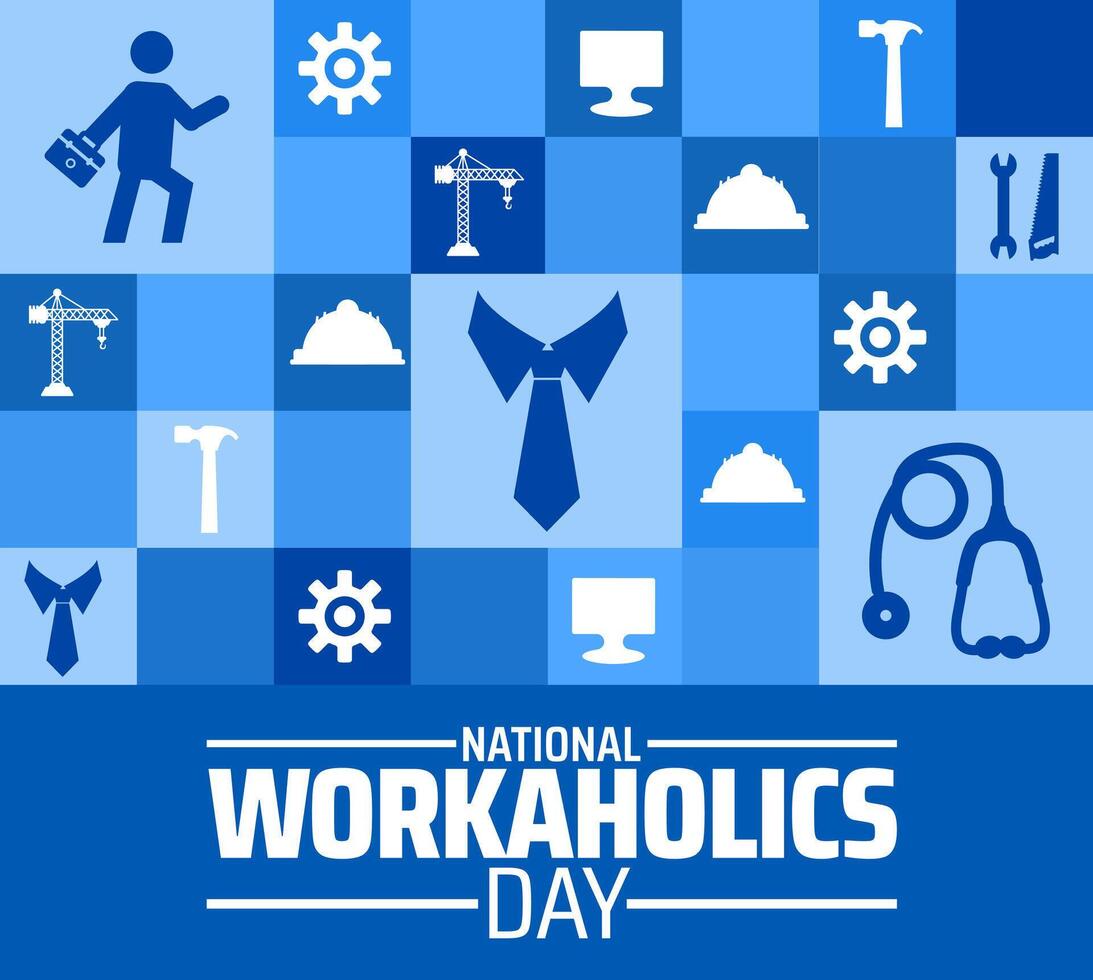 National Workaholics Day background or banner design. Blue Tiled Background with Job Icons, Briefcase, Tools, and Tie, Representing Diverse Professions. vector