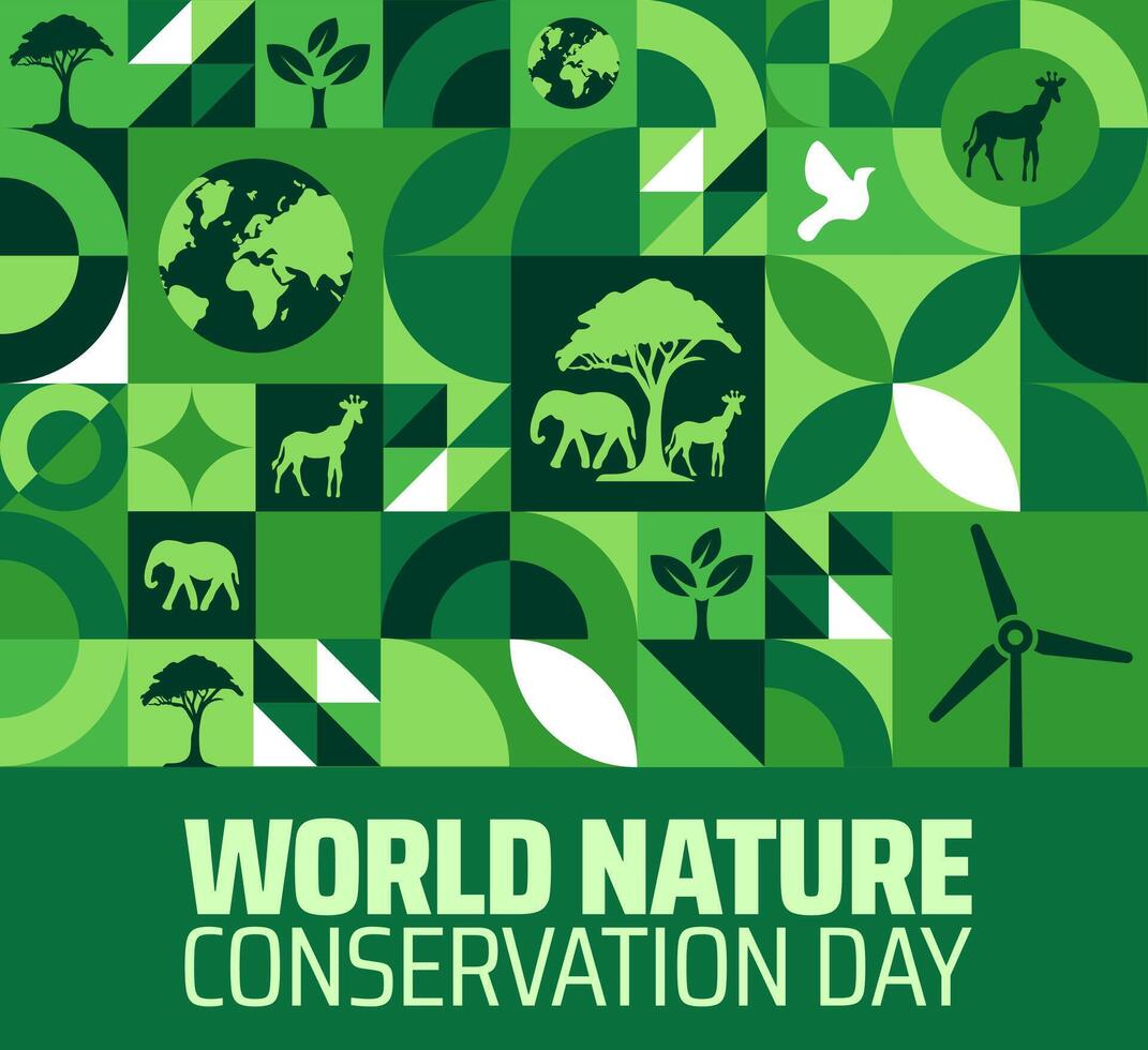 World Nature Conservation Day background or banner design with Green Geometric Mosaic with Earth, Trees, Animals, and Wind Turbine vector