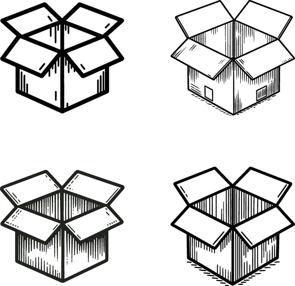 A simple line drawing of an open cardboard box vector