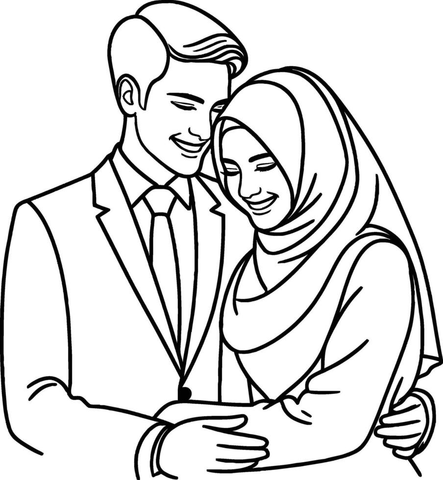 A line drawing of a groom in a suit and a bride wearing a hijab vector